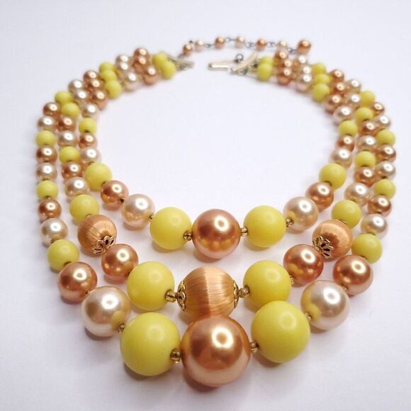 Vintage Multi Strand Satin Beaded Necklace Graduated Round Yellow Orange Beige - Picture 3 of 3